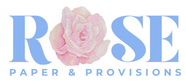 Logo of Rose Paper & Provisions with a pink rose on a light background